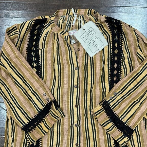 Free People Castaway Striped Button Front Long Sleeve Crochet Trim Boho Top Sz M - Picture 5 of 15